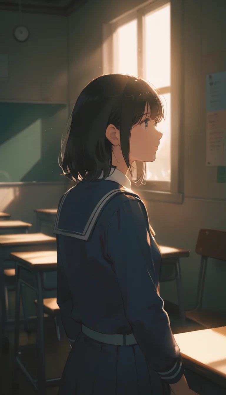 A lone schoolgirl, dressed in her crisp white and blue uniform, stands pensively by a chalkboard in an empty classroom. Soft, warm lighting illuminates the scene, with a subtle hint of sunlight peeking through the windows. Her long black hair cascades down her back as she gazes downward, lost in thought. warm, tranquility and peace,serenity-style