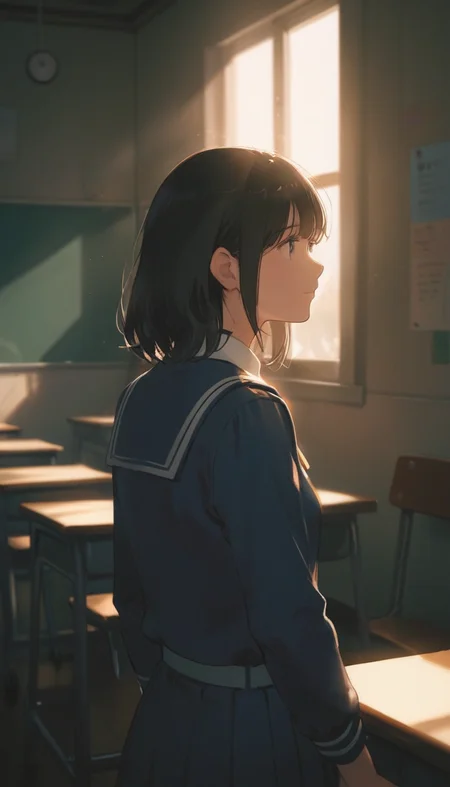 A lone schoolgirl, dressed in her crisp white and blue uniform, stands pensively by a chalkboard in an empty classroom. Soft, warm lighting illuminates the scene, with a subtle hint of sunlight peeking through the windows. Her long black hair cascades down her back as she gazes downward, lost in thought. warm, tranquility and peace,serenity-style