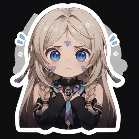 1girl,Citlali_(Genshin_Impact),citlali,long hair,facial mark,blue eyes,twin braids((unhappy)),black background,twitch emote, chibi, outline, sticker,solo,perfect eyes,expressive,ExpressAmetur,dynamic pose,cute,detailed,one big tear,tear drop,huge eyes,big eyes