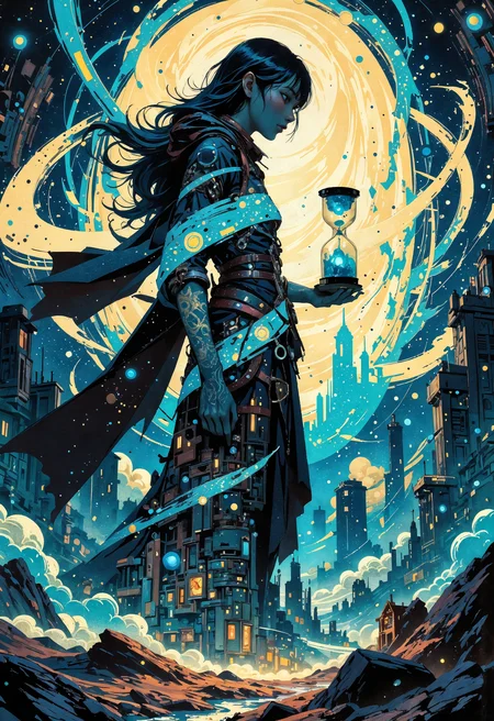 (in Otomo Katsuhiro style:1.2), masterpiece, high-quality, A time traveler with swirling bands of light circling her body, each representing different eras casting shifting shadows of various ancient and futuristic architectures onto her, She holds a small rotating hourglass filled with stars as if containing entire galaxies, The background is an abstract vortex of time and space, era fusion, cosmic hourglass, temporal glow, Stylized anime with intricate time effects and cosmic motifs, (elaborate fine details:1.1), (hyperdetailed:1.1), (intricate details:1.0), (Refined details:1.1), (best quality:1.1), (high resolution:1.2), <lora:FLUX\Anime v1.3:0.6> <lora:FLUX\VividlyReal:0.6> <lora:FLUX\FLUX-daubrez-DB4RZ:0.4>