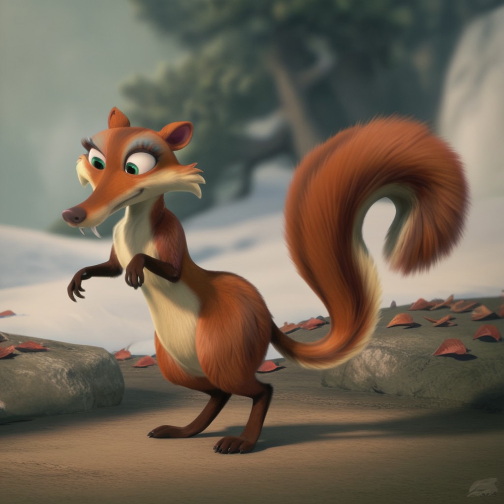 score_9, score_8_up, score_7_up, score_6_up, score_5_up, score_4_up, source_furry, Scrattedotd, semi-anthro, female, squirrel, orange-brown fur, green eyes, fangs, standing, outside,
