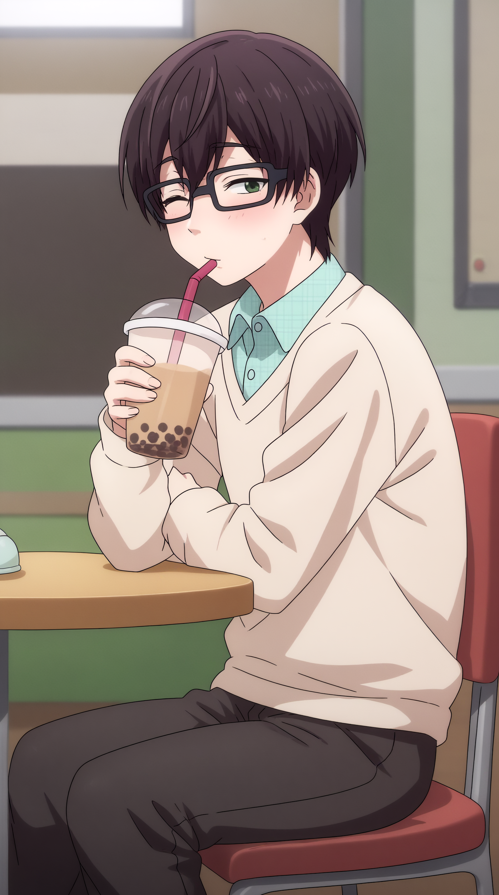 score_9, score_8_up, score_7_up, best background, detailed background, 4k, upscale, anime_source  Kou Sakuragi, Main Outfit, solo, sitting, drinking, bubble tea, blush, happy, indoors, restaurant,  <lora:JN_Kou_Sakuragi_Pony:0.8>