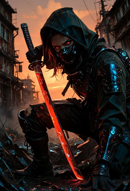 masterwork, masterpiece, best quality, detailed, depth of field, , high detail, best quality, very aesthetic, 8k, photorealistic, realistic skin, deep colour, high contrast, hyperdetailed, matte digital painting, trending on artstation, sharp edges, precise, clear focus, detailed face, face focus, sideview, wide shot, looking at viewer,
futuristic, gritty.
line art, ink art of a woman, solo, soldier, enigmatic, (glowing red eyes), matte black modular suit of armor, molded armour, whole body protection, heavy boots, holding a katana, blue glowing blade, ready to fight, fighting stance. Deep hood, black face mask, pale skin,
background war-torn urban landscapes, dramatic lighting, dynamic angle, whole body, face focus, high contrast, deep shadows, distant fires, smoky sky, matte painting,
STP-Illu