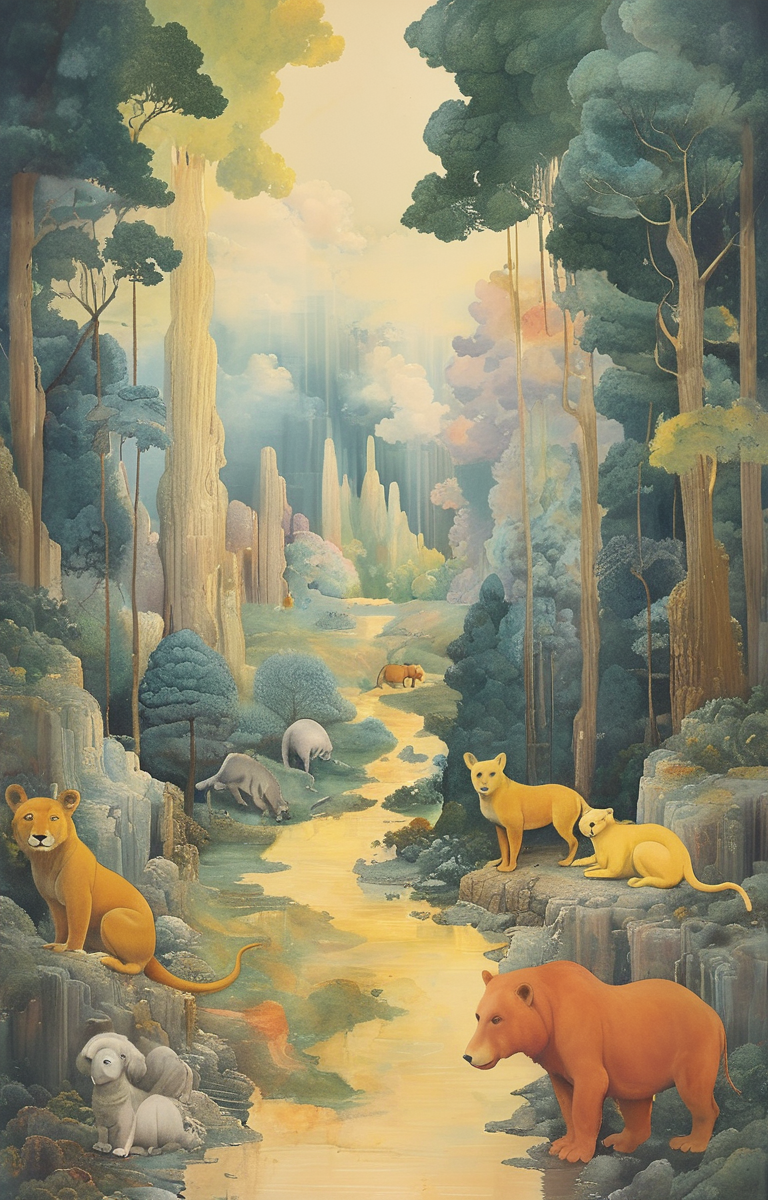 masterpiece,best quality,<lora:tbh222-sdxl:0.9>,illustration,style of Ronnie Landfield animals