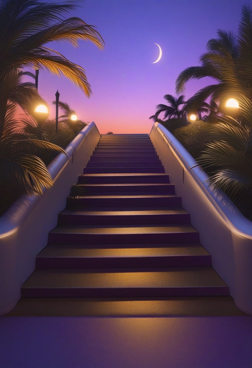 masterpiece, absurdres, best quality, Versabg, tree, no humans, palm tree, crescent moon, outdoors, scenery, moon, sky, building, night, purple sky, lamppost, shadow, stairs, sunset, realistic, ultra HD photography, kodak ektar