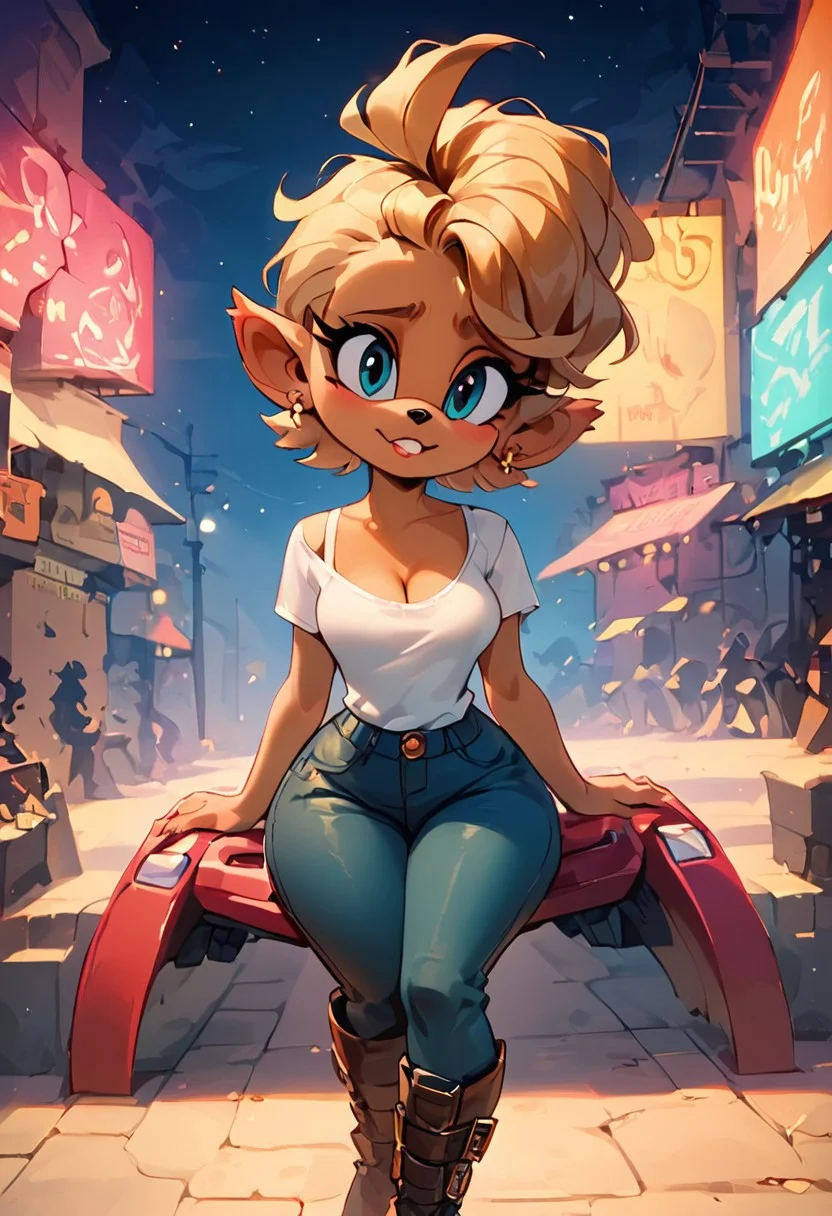 score_9, score_8_up, score_7_up, score_6_up, score_9, score_8_up, score_8, Expressiveh, 18 year old girl, anthro furry, mobian bat, from sonic, bat wings, two tone fur, brown fun on head, leather riding boots, canvas pants, white shirt, short stack, cute innocent girl, perky round perfect breasts, cleavage, medium shot, wide hips, pouty lips, looking at viewer, scared, neon lights, scifi marketplace, futuristic dystopia,