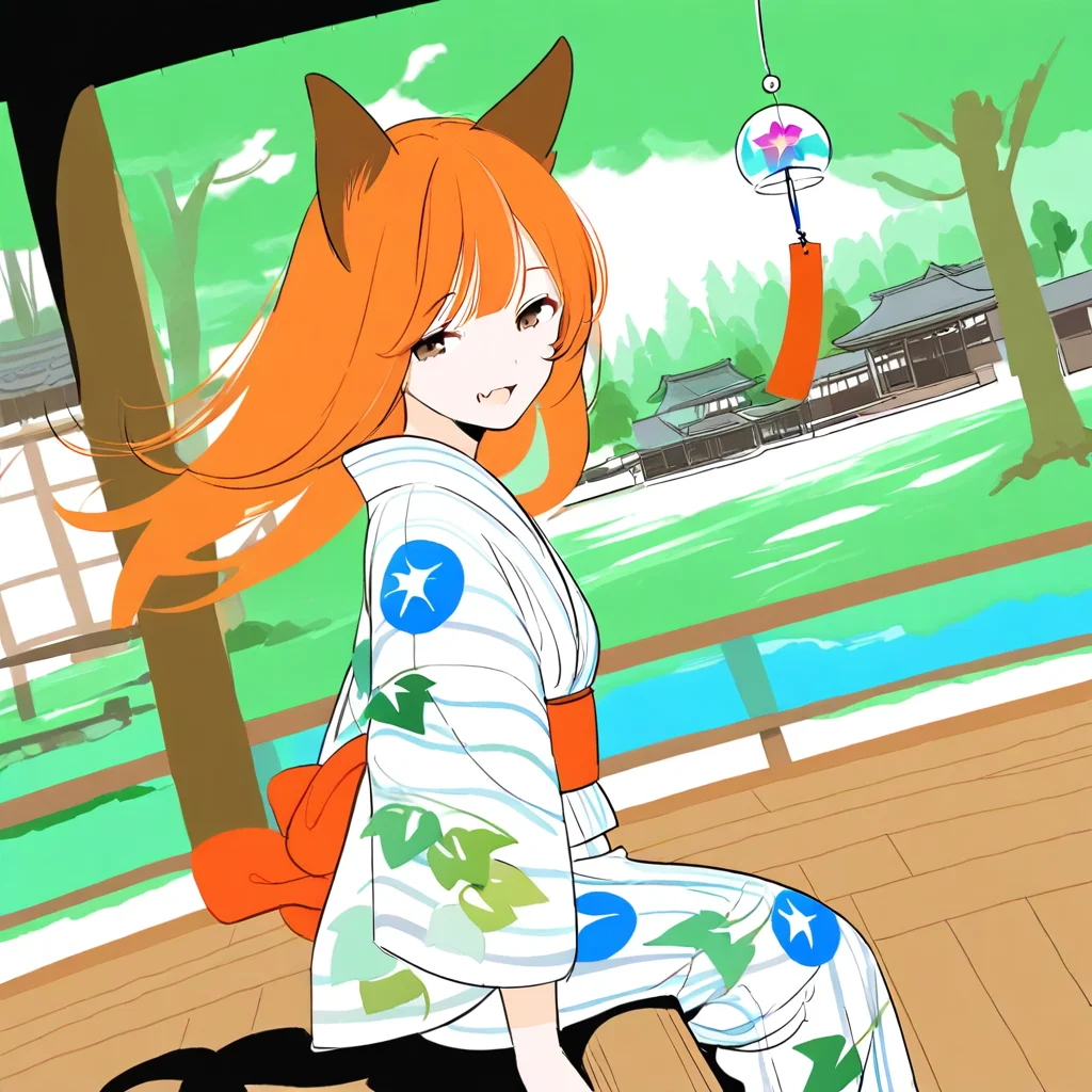 great quality,dynamic angle,official wallpaper,almic,akakura, ayomo ro,egami,1girl walking under tree,solo, takamichi, takamichi ,watercolor \(medium\),cute, year 2023, medium small breasts ,(mattaku mousuke,sincos:0.8),flaxen orange hair,brown orange hair,long hair,dark brown ears,fox ears,skin fang ,brown eyes  ,looking at viewer,,upper body,,legs out of frame, flat color,building,park, (two tone color green and blue thema), comic, intensed shadow,sketch,cartoon sketc,floating reef, forest,shadow,scenery, out of frame,looking down,looking away,,wind, ,vivid,from side,smile,closed eyes,summer,,,smirk, dappled_sunlight, indoors, under eaves  ,veranda, ,dutch angle,sunbeam,,blue yukata,white kimono, morning glory print,red sash,sitting, , :d, wind, wind chime, sway  back,wooden floors,
