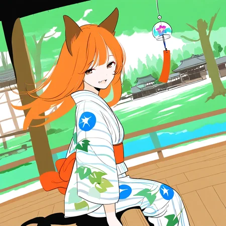 great quality,dynamic angle,official wallpaper,almic,akakura, ayomo ro,egami,1girl walking under tree,solo, takamichi, takamichi ,watercolor \(medium\),cute, year 2023, medium small breasts ,(mattaku mousuke,sincos:0.8),flaxen orange hair,brown orange hair,long hair,dark brown ears,fox ears,skin fang ,brown eyes  ,looking at viewer,,upper body,,legs out of frame, flat color,building,park, (two tone color green and blue thema), comic, intensed shadow,sketch,cartoon sketc,floating reef, forest,shadow,scenery, out of frame,looking down,looking away,,wind, ,vivid,from side,smile,closed eyes,summer,,,smirk, dappled_sunlight, indoors, under eaves  ,veranda, ,dutch angle,sunbeam,,blue yukata,white kimono, morning glory print,red sash,sitting, , :d, wind, wind chime, sway  back,wooden floors,