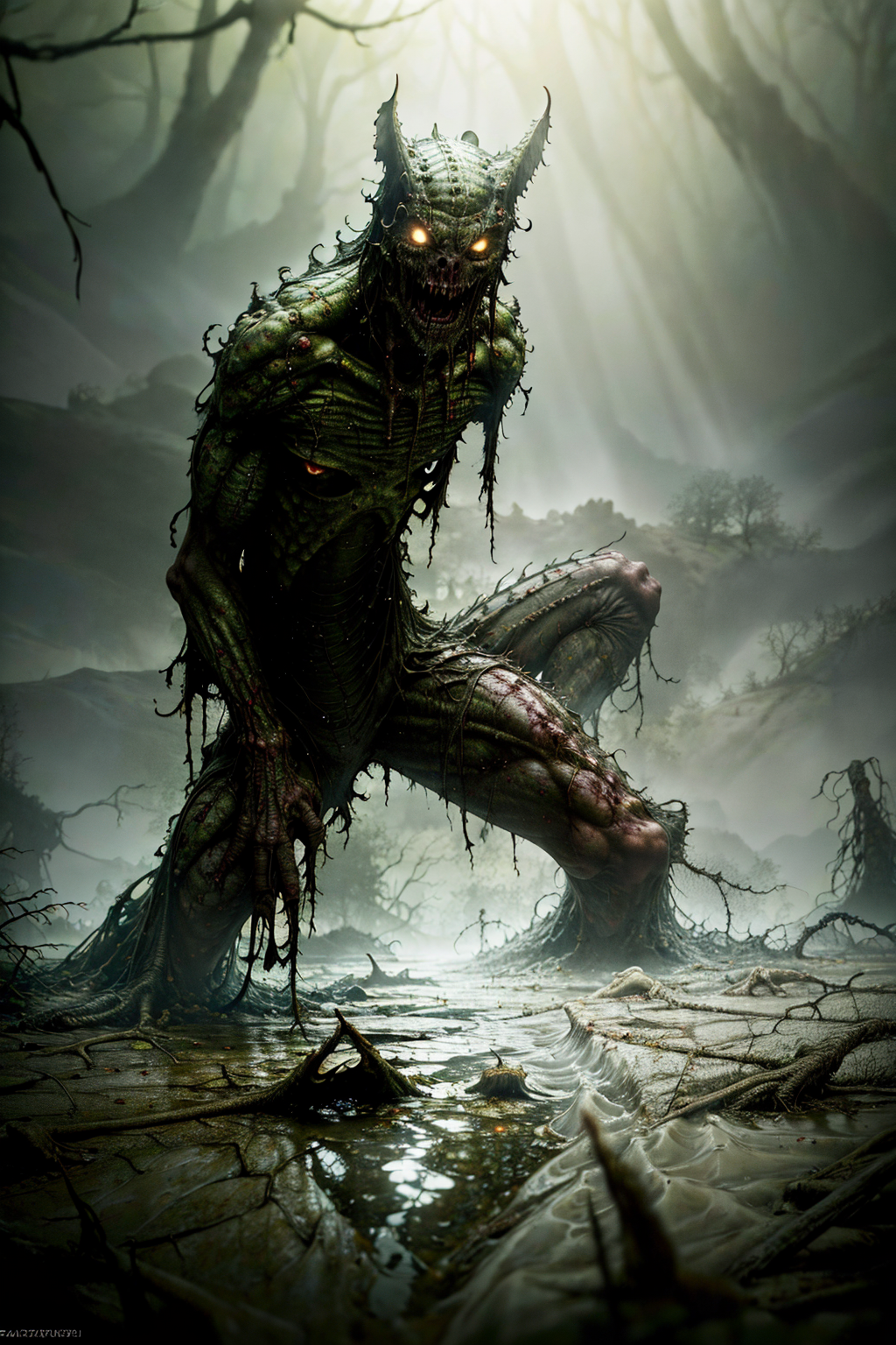 (ohwx) a (swamp zombie) disturbing scene, close up, photography, natural light, photorealism, cinematic rendering, ray tracing, the highest quality, the highest detail, Cinematic, Third-Person View, Blur Effect, Long Exposure, 8K, Ultra-HD, Natural Lighting, Moody Lighting, Cinematic Lighting
 <lora:Hell2_v1.0:0.9>