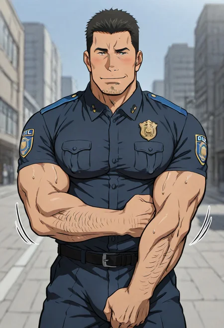 Anime, quality,high quality,masterpiece,extremely detailed,correct anatomy,best aesthetic, detailed face, 1man, ( crew cut, black hair, large pectorals, body hairy, big taller_male, steamy, sweaty body, daddy, daddy face, middle aged), (covered puffy nipples), (smirk face, blush , looking at viewer, bulge), ( police uniform:1.5, motion lines, motions, folding arms ), outdoor, on the street, city, huge buildings, dynamic background