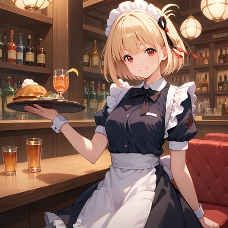 score_9, score_8_up, score_7_up, score_6_up, score_5_up, score_4_up, BREAK source_anime, look at viewer, 1girl, solo, masterpiece, best quality, high detailed skin, nishikigi chisato, short hair, blonde hair, red eyes, maid, maid headdress, maid apron, pantyhose, holding tray, bar, indoors, smiling, black bowtie,