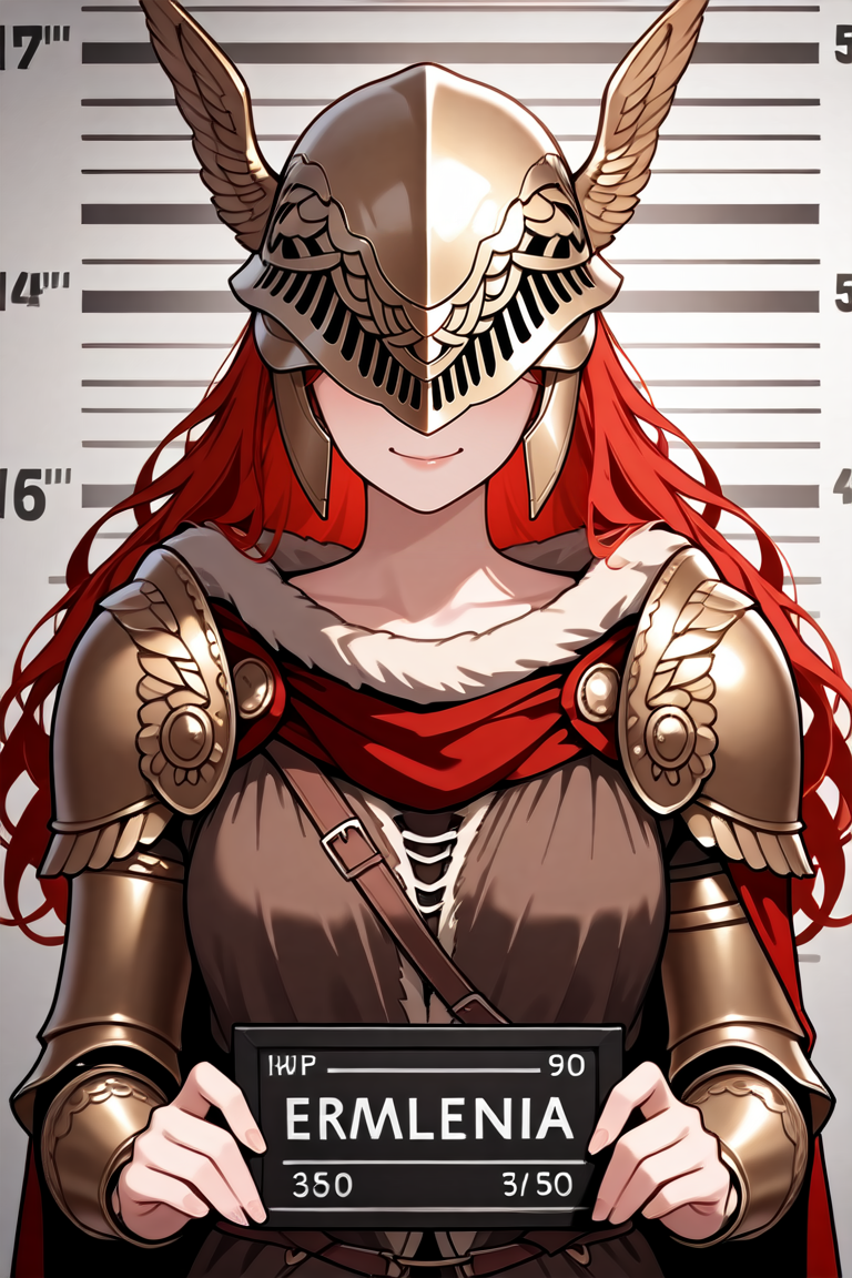masterpiece, best quality, absurdres,
<lora:ILERMalenia:0.8>
ERMalenia, 1girl, helmet, covered eyes, long hair, red hair, armor, looking at viewer, mugshot, upper body, smile