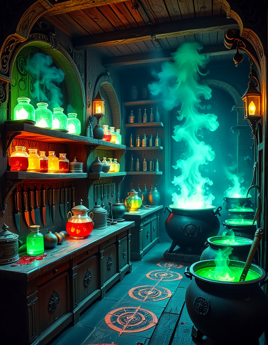 Hidden deep within the necromancerâs infernal domain lies a nightmarish kitchen, a grotesque fusion of alchemical laboratory and sacrificial chamber. The walls are carved from blackened bone and obsidian, pulsating faintly with necrotic energy. Faint green flames flicker in sconces made from twisted skeletal hands, casting eerie shadows across the macabre workspace. The air is thick with the scent of decay, ash, and something far worseâan indescribable aroma of corruption and dark magic.
At the center, a massive butcherâs table, scarred and stained with centuries of dried blood, serves as the primary workstation. Rusted, jagged knives, bone saws, and crude flesh-carving tools hang from hooks, their edges glistening with fresh remnants of something recently prepared. Nearby, grotesque cauldrons bubble with viscous, unnatural liquidsâblack ichor, boiling crimson blood, and glowing green elixirs swirl together, each concoction releasing haunting whispers as if infused with trapped souls.
Suspended from the ceiling, enormous iron hooks hold skinned carcassesâsome humanoid, others unrecognizable abominations stitched together from various creatures. Skeletal constructs, animated by unseen forces, mindlessly tend to the kitchen, stirring bubbling cauldrons and grinding unknown ingredients into fine powders using ancient, rune-etched mortars and pestles.
Along the walls, towering shelves hold disturbing "ingredients" sealed in glass jars: floating, disembodied eyes that track movement, severed hands that twitch sporadically, and writhing black worms that exude a thick, putrid slime. Bundles of dried, withered herbsâsome glowing faintly with infernal energyâhang from the rafters, alongside strips of preserved flesh, their origins best left unspoken.
In one corner, a massive, rune-inscribed oven burns with an unnatural, ghostly blue flame. The heat does not come from firewood but from the tormented souls bound within, their agonized wails fueling its endless infernal blaze. A massive iron cauldron sits atop a cracked stone hearth, where a thick, bubbling stew churnsâits surface occasionally breaking as something beneath struggles, clawing weakly before sinking back into the depths.
This is not a place for feastingâit is a workshop of the grotesque, where ingredients are harvested, flesh is repurposed, and the very essence of undeath is distilled into unholy nourishment. No living creature eats hereâonly the dead, the damned, and the things that should not be.
Style & Mood :
- Dark fantasy, gothic horror, necromantic aesthetics
- Cinematic, high-detail, eerie lighting
- Infernal atmosphere, filled with shadows, glowing green and crimson energy, and grotesque details
- Inspired by the works of ZdzisÅaw BeksiÅski, H.R. Giger, and dark medieval sorcery
<lora:SDXLFaeTastic2400:0.4> <lora:extremely_detailed:0.4> extremely detailed, <lora:mysterious_4lch3my_sh0p:1> mysterious 4lch3my sh0p <lora:nightmarish_k1tch3n:1>,nightmarish k1tch3n, Masterpiece,best quality,hi res,8k,hi res,8k,award winning,(sharp focus, intricate, highly detailed),