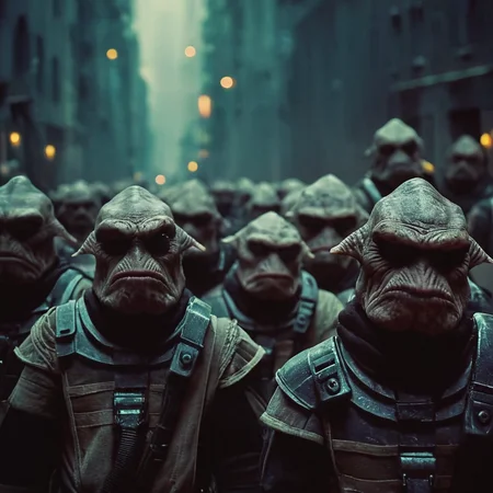 cinematic film still of <lora:add-detail-xl:0.7>1
<lora:detailed:0.4> detailed style
<lora:perfection style:0.4> perfection style
<lora:Le Cinquieme Element style:0.9>
Mangalores Mercenaries a group of creatures of people with faces,looking at viewer, shallow depth of field, vignette, highly detailed, high budget, bokeh, cinemascope, moody, epic, gorgeous, film grain, grainy