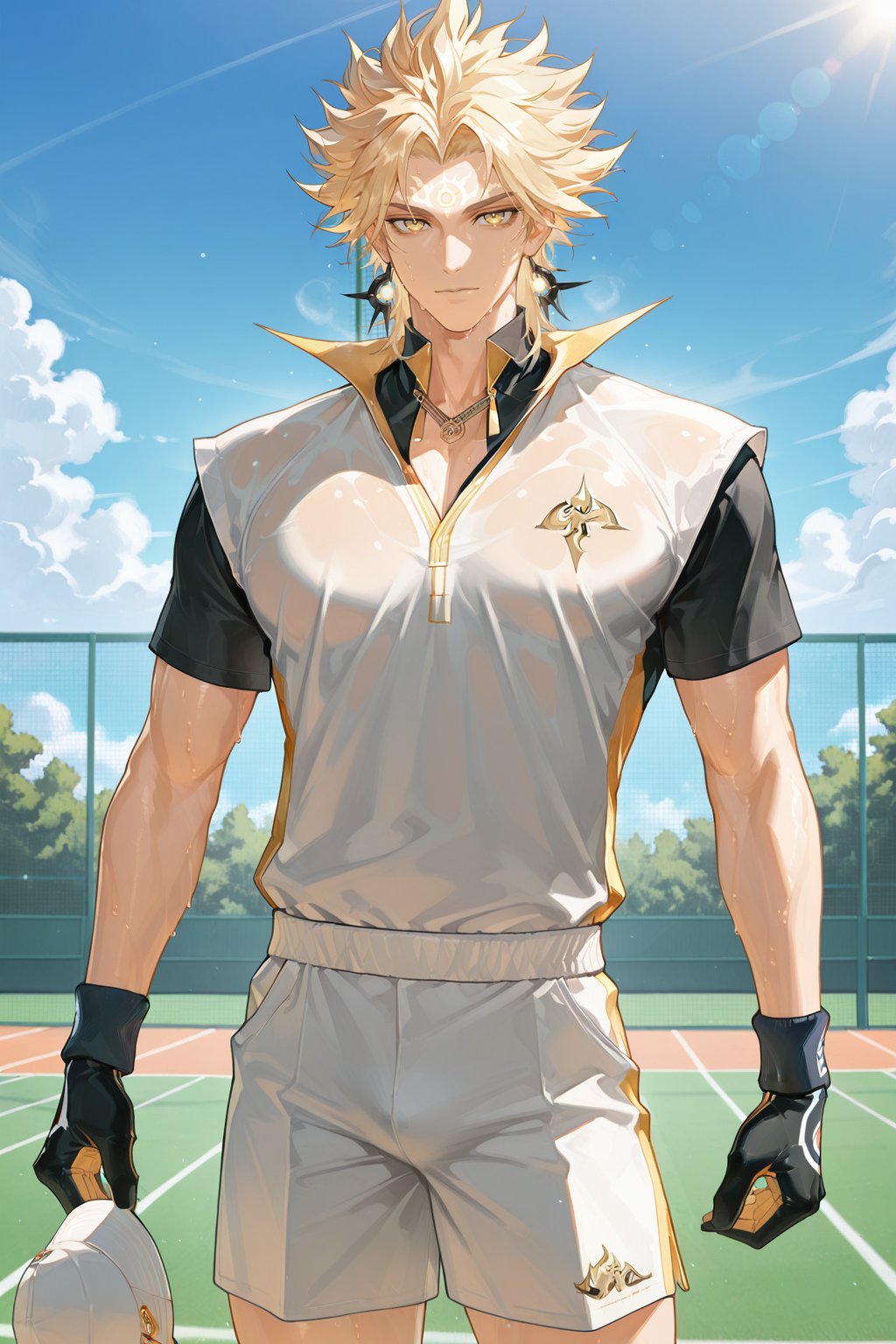 <lora:susanoo-IL:0.8>,susanoo, blonde hair, spiked hair, 1boy, yellow eyes,forehead mark, solo,tennis_uniform,standing,holding hat,looking at viewer,sweat,tennis court,cowboy shot,bara,male focus,very awa,masterpiece,best quality,amazing quality,nsfw,uncersored,highres,best quality,amazing quality,best aesthetic,absurdres,