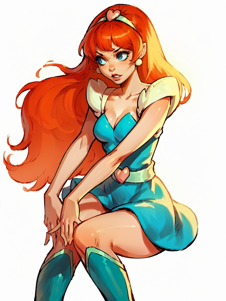 score_9, score_8_up, score_7_up, score_6_up, score_5_up,   <lora:kimberlySAXLP:1> kimberlysa, 1girl, solo, long hair, orange hair, blue eyes, makeup, knee boots, dress,    white background,  <lora:1ly4XLP:1> 1ly4