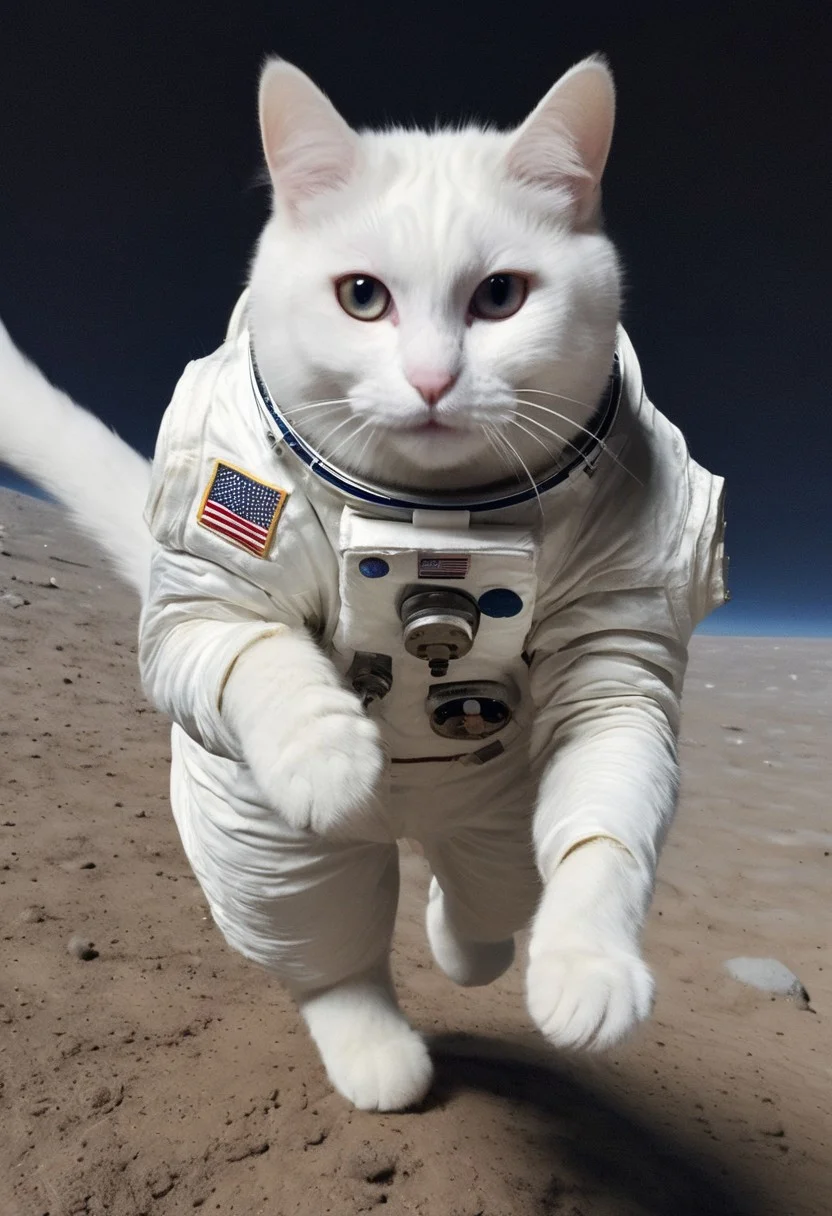 GrubCat, (white cat dressed like a astronaut), wearing astronaut suit, wearing astronaut helmet, jumping on the moon, in space, heterochromia, enhanced textures, creative, beautiful, vibrant, masterpiece, 8k, Ultra HD, amazing details, amazing quality, amazing artist, sharp edges, detailed textures, full view, atmospheric lighting, amazing visuals
