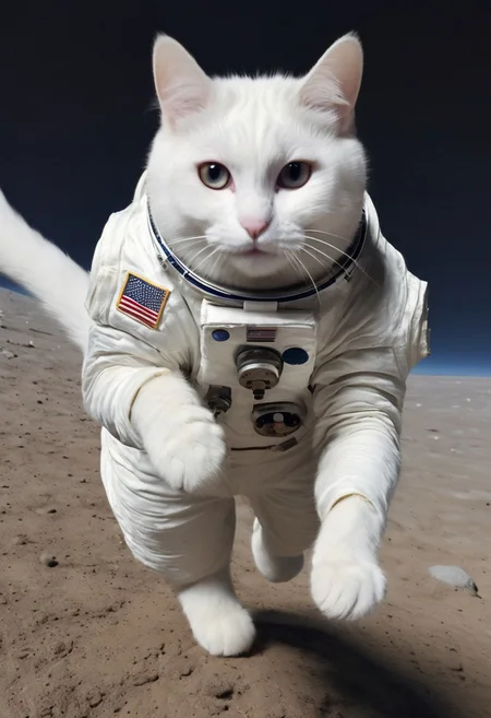 GrubCat, (white cat dressed like a astronaut), wearing astronaut suit, wearing astronaut helmet, jumping on the moon, in space, heterochromia, enhanced textures, creative, beautiful, vibrant, masterpiece, 8k, Ultra HD, amazing details, amazing quality, amazing artist, sharp edges, detailed textures, full view, atmospheric lighting, amazing visuals