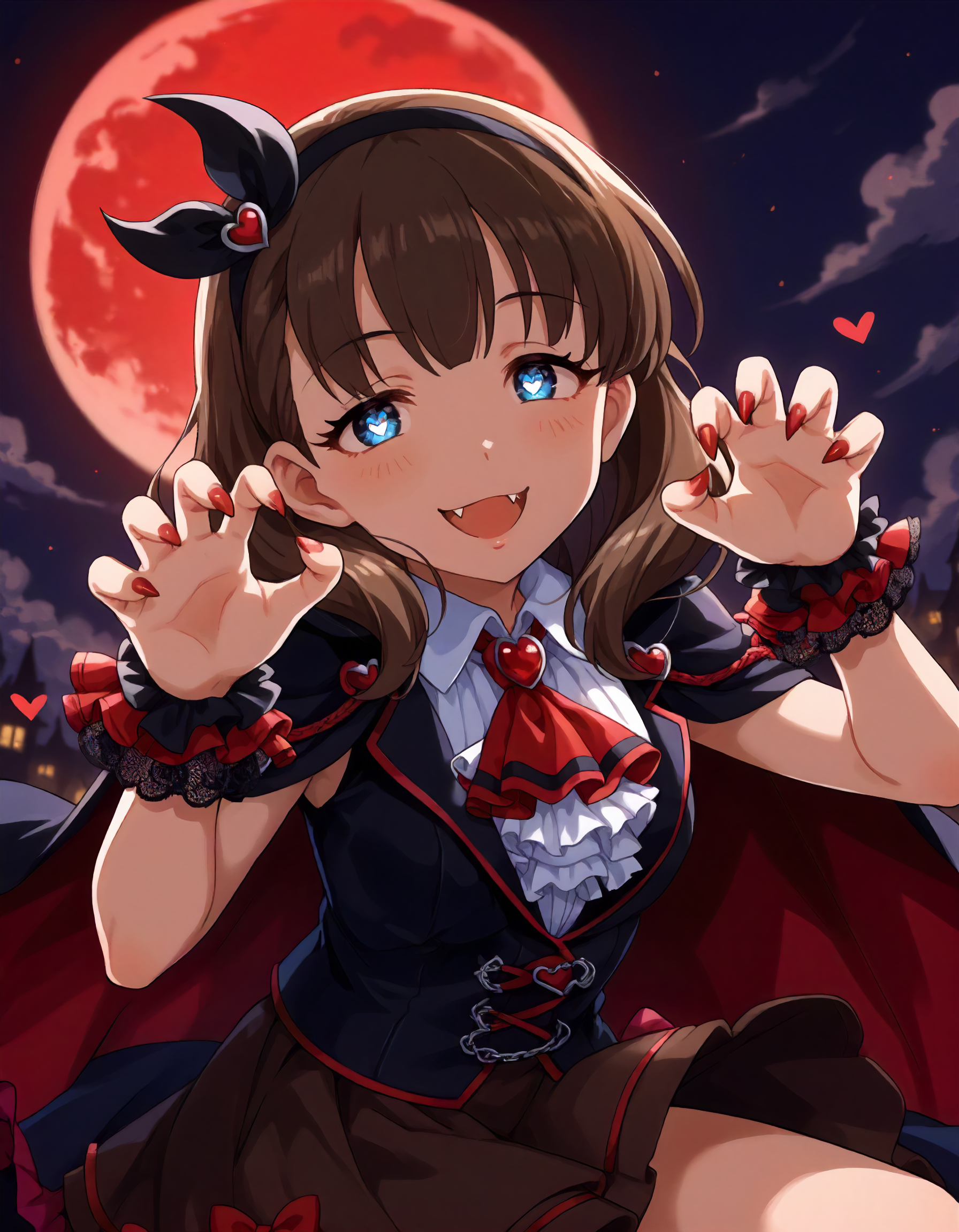 score_9,score_8_up,score_7_up,1girl,solo,looking at viewer,smile,crazed,open mouth,fang,red moon,claw pose,
<lora:sakumamayu_ponyXLV6:0.8>,cgsmmy,
brown hair,medium hair,blue eyes,heart-shaped pupils,glowing eyes
black hairband,vampire costume,ascot,black cape,brown skirt