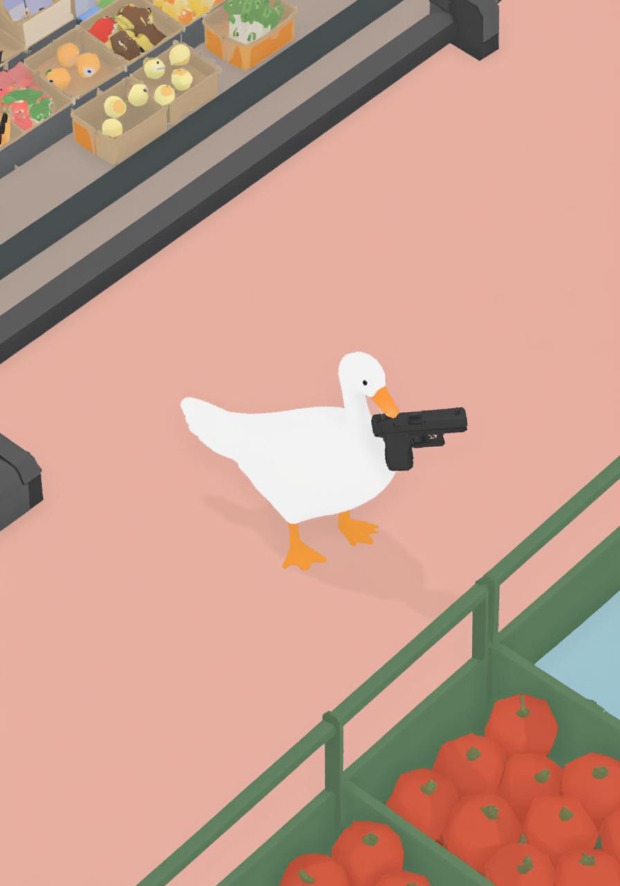 overhead perspective g00se art with smooth textureless style with muted pastel palette of, a goose holding a matte black glock g17model pistol in its beak in a grocery store<lora:g00se.safetensors:1.0:1.0> <lora:Glock (G17)_epoch_12.safetensors:1:1>