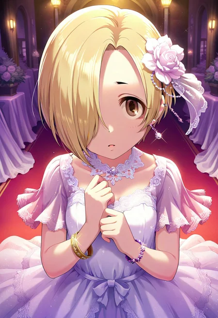 masterpiece,best quality,amazing quality, shirasaka koume, blonde hair, hair over one eye, short hair, brown eyes, 1girl, jewelry, solo, hair ornament, earrings, flower, dress, hair flower, looking at viewer, bracelet