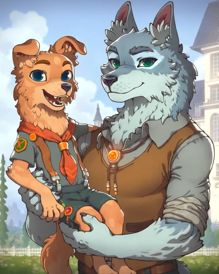 masterpiece, best quality, maharold, mawilly, wolf, domestic dog, duo, anthro, male, younger male, mature male, age difference, scout uniform, grey shirt and brown vest, rolled up sleeves, amber necklace, carrying another, mansion, looking at viewer, cradling, smile, shaded, happy, detailed background,
<lora:HaroldAndWilly_noob-1.11:1>