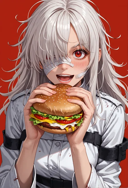 score_9, score_8_up, score_7_up, source_anime, 1girl, upper body white hair, messy hair, long hair, bangs, bandage over face, bandages over one eye, blush, happy, furrowed eyebrows, open mouth, stains, from above, red eyes, white straitjacket, white pants, red background, looking at viewer,  <lora:_sdxl-dokaguiburger-pony:1>, dokaguiburger, holdinf burger