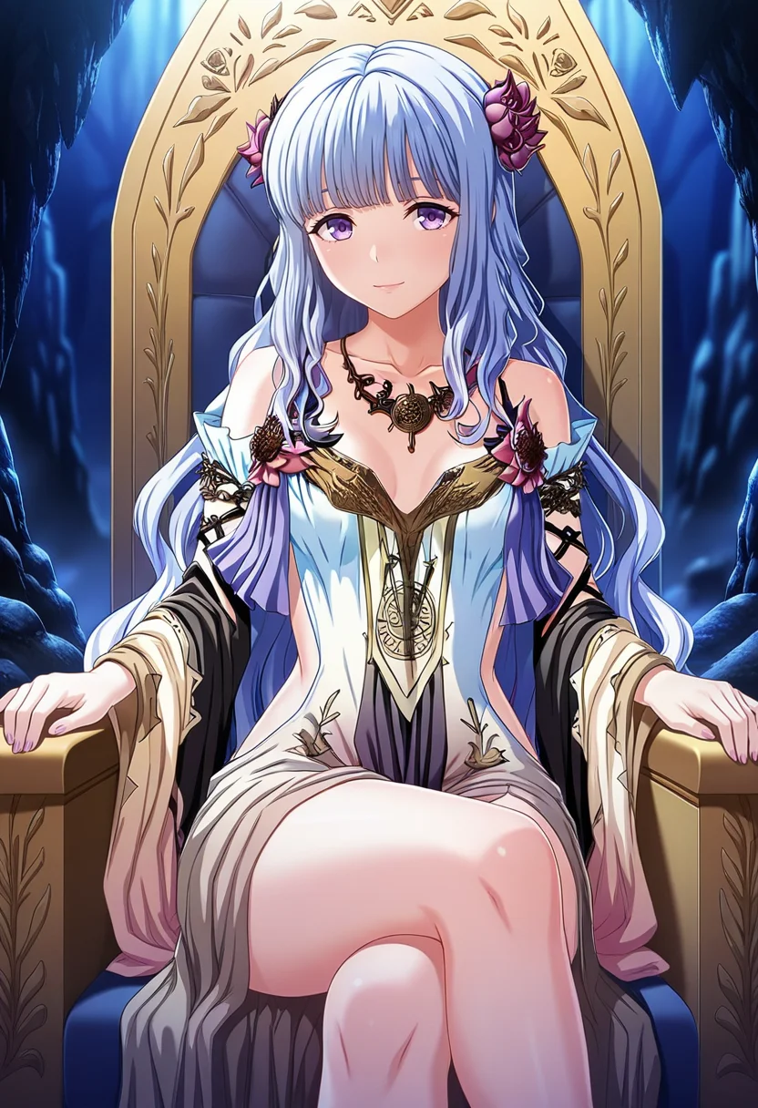 masterpiece, best quality, amazing quality,persephone, purple eyes, blue hair, long hair, 1girl, solo,dress, hair flower,detached sleeves, bare shoulders, breasts, necklace,closed mouth, light smile,sitting, crossed legs, looking at viewer, indoors, throne, cave, dark, blue background, ruins, blurry background <lora:persephoneV1:0.8>