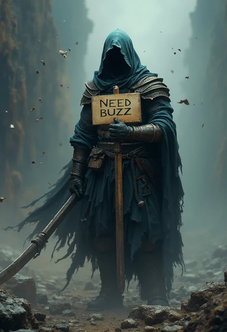 Realism, Realistic, concept art hidden face, holding a signboard saying "Need Buzz" digital artwork, mysterious, hooded, full body, dark enigmatic warrior, standing, storm of falling shards, glowing ethereal giant heavy thick sword in hand, warriorâs intricate armor, tattered cloak that billows in the wind, atmosphere is charged with an otherworldly energy, fantasy realism, dramatic lighting, detailed textures to bring the scene to life, illustrative, painterly, matte painting, highly detailed, ultra real, real,