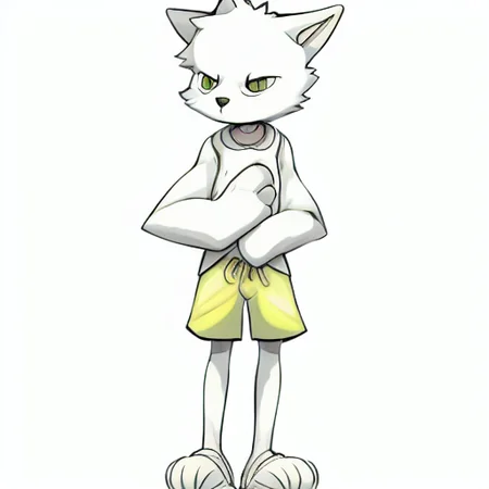 Solo, cute, Wolf, Furry, furry body, white shirt, yellow shorts, cute, 1boy, white fur, detailed, high quality