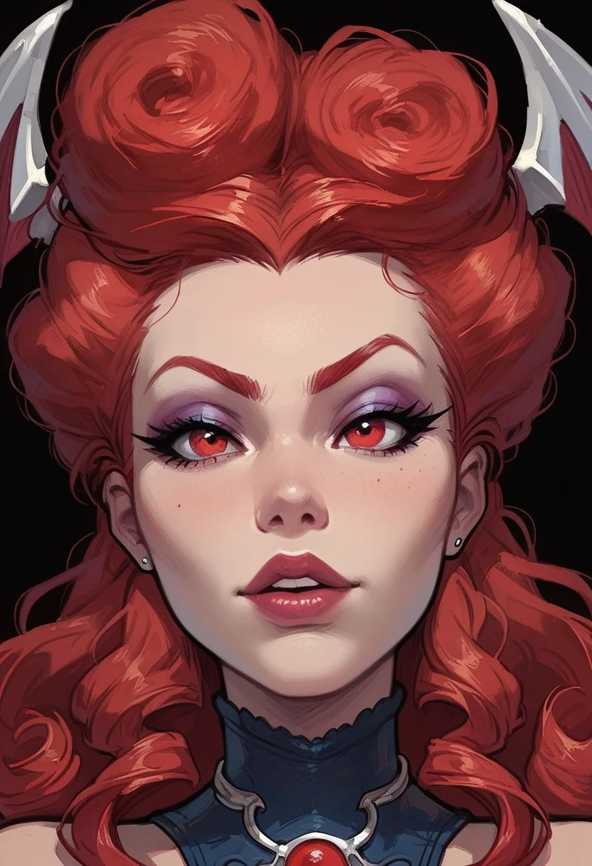 score_9, score_8_up, score_7_up, score_6_up, godrays, BREAK , (smug:0.7),4k, disney, Lillithxl, Lillith, long red curly hair, head wings, red eyes, lips, makeup,
