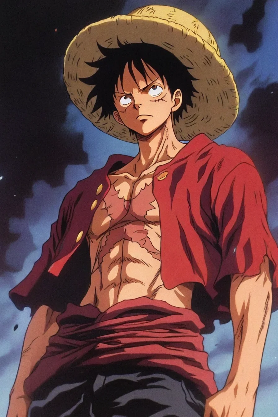 <lora:LUFFY_pony_XL:0.6>, Luffy, red jacket, scar on chest, straw hat, black hair, 1boy, solo, alone, <lora:dark_fantasy_anime_illustriousXL:1>, dark_fantasy_style, dark fantasy, retro, masterpiece, highres
