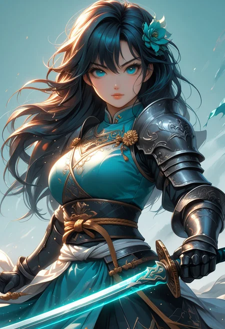 hkstyle FFROA, A knight holding her sword, anime, Cyan teal black white, beautiful face, anime, martial arts sword pose
