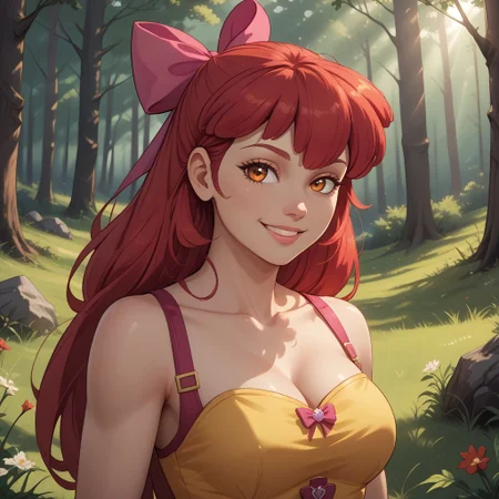 score_9, score_8, BREAK, solo, Apple Bloom, Red Hair, Pink Bow in hair, orange eyes, yellow skin, colored skin, adult female, mature female, breasts, sexy pose, self portrait, smile, outdoors, sunlight, shadows, evening lighting, natural lighting, forest, trees, grass, orange sky, sunset