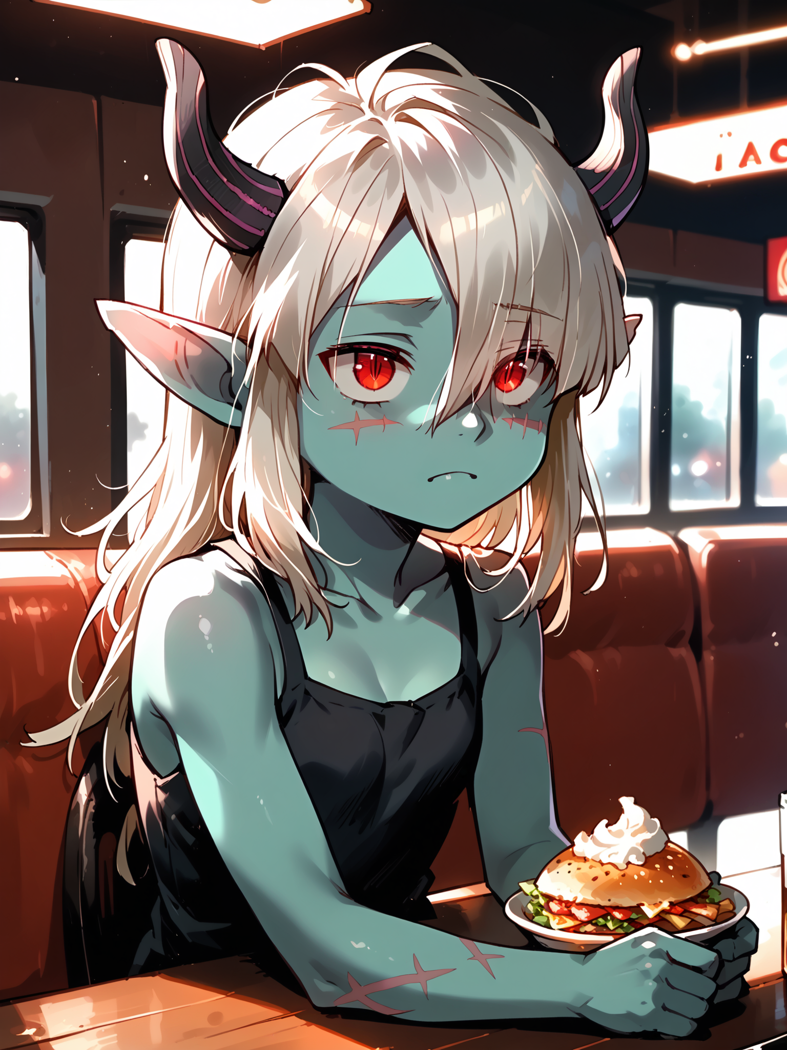 (upper body, solo:1.1) <lora:happy_tentacle-necromancer-v0.3-000037:1>, ht_necromancer, colored skin, horns, (petite:1.2), <lora:Shed_The_Skin's StS_age_slider_v1_initial_release:-1.1> ( (bare shoulders :1.1) :1.1) ( , , ( exhausted :1.2) , , looking up :1.2) , indoors, ((dusk :0.6), :0.8), ( :0.9), (furniture:0.9), loaded interior , , , , ( :0.8) , diner , (chair, table:0.5), (taco , coffee :0.8) ( :0.8) score_9, score_8_up, score_7_up, score_6_up, score_5_up, score_4_up, ( [(realistic, photorealistic:1.3):(realistic:1.2):16] [(3d:1.2)::14] :1) <lora:LUUNA's Lunas-NijiJourney-SDXL-B2:0.35>, nijijourney <lora:prgfrg23's Counterfeit-V3.0 Style SDXL_LoRA_Pony Diffusion V6 XL:0.5> <lora:mfcg's mfcgXL:0.12> <lora:reweik's gyokai(himehajime)_PonyXL_style_v01:0.14>