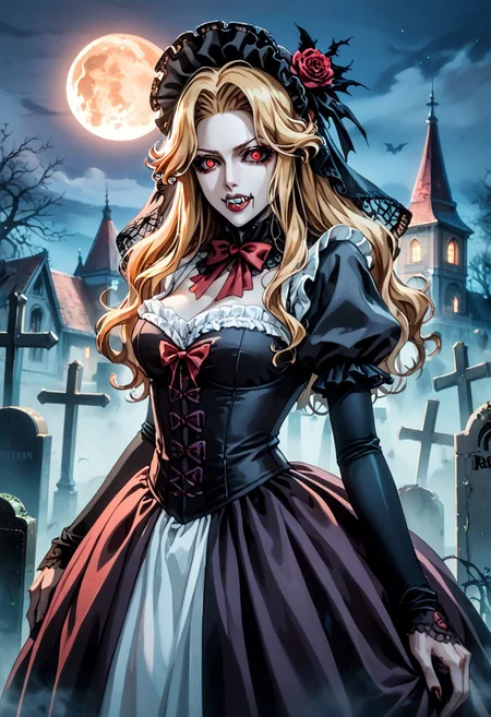 score_9, score_8_up, score_7_up, score_6_up, score_5_up, score_4_up, c4stl3v4ni4, (perfect face, perfect eyes), BREAK, 1woman, grey skin, white skin, (fangs), (vampire), long blonde hair, sidelocks, bang, updo, messy hair, curly hair, eyelashes, (red eyes), bleach style, wearing a victorian dress, elbow gloves, victorian widow face veil, victorian hat,
Outside at night, a walled cemetary in the distance, graveyard, stone,AddXL, sm_an_stl ,source_anime, anime screencap, anime, animification, fog, dark, night, haze, halloween, full moon, vampire, undead