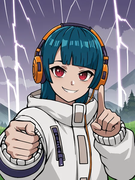 outside, island, (purple sky), storm, rain, lightning, 1girl, solo, smirk, source_anime, score_9, fnyuki, looking at viewer, <lora:Yuki (Fortnite):0.95>, pointing at viewer