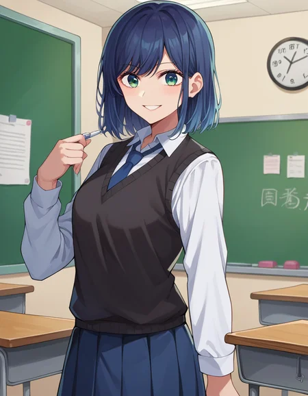 score_9, score_8_up, score_7_up, source_anime,
akanekurokawa, <lora:akane-kurokawa-ponyxl-lora-nochekaiser:1>,
akane kurokawa, bangs, green eyes, blue hair, medium hair, dark blue hair, smile,
shirt, school uniform, white shirt, necktie, collared shirt, vest, blue necktie, skirt, blue skirt,
indoors, classroom,
looking at viewer, cowboy shot, dutch angle,