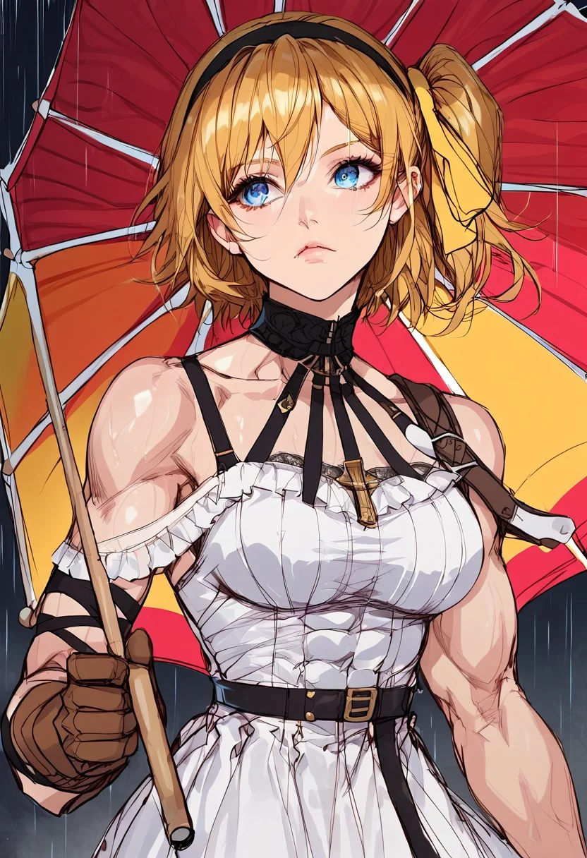 masterpiece, high res, best quality, score_9, score_8_up, score_7_up, IllusP0s, clear eyes, detailed eyes, highly detailed,
1girl, solo, short hair, blonde hair, side ponytail, hair ribbon, black hairband, blue eyes, medium breasts, black choker, single glove, strap slip, white dress, brown gloves, leg ribbon, yellow ribbon, colorful umbrella, holding umbrella, rain, rainbow sunset detailed muscles, perfect face, muscular female, detailed eyes, sunset, flat color, colourful theme, extreme muscularity, detailed background, extreme muscle definition, closed mouth, cute face, sketch, Inoitoh style, full body