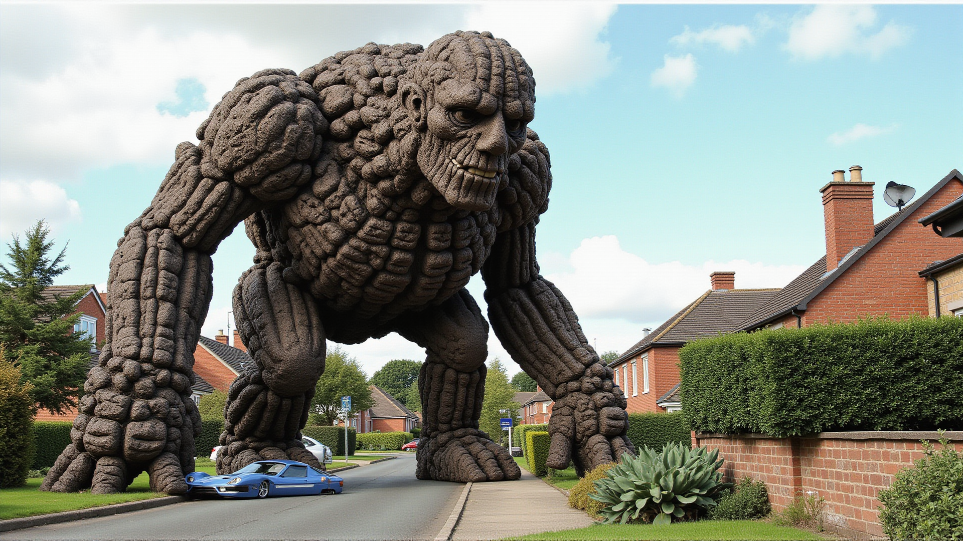 sci-fi style a huge faceless shambling creature
it appears to be made of many interlocked small rough stones like a dry stone wall
the stones are rough and weathered
it shambles through a suburban street
it's so huge it flattens house when it steps on them
(under one of its feet is a flattened car:1.75), crushed metal can be seen poking from under the foot . futuristic, technological, alien worlds, space themes, advanced civilizations