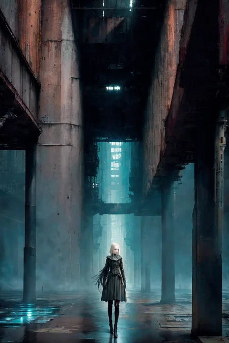 [colorized],muted colors,dark colors,gloomy,RAW photo,realistic,detailed,8k uhd, dslr, soft lighting,natural lighting,volumetrics dtx,dim light
(cyborg:0.6) girl with Ella Freya face, grimy face,face black lines tattoos,pale skin,free hands,leg pivot
metal,concrete,scratches, reflects,gothic,muted colors,,,mega structures, giant buildings ,decrepit scenery,deep horizon
by David Palumbo, by Ben Templesmith,by Brian Oldham,by Simon Stalenhag
<lora:blame5:0.7> <lora:LAS:0.5><lora:epiNoiseoffset_v2:0.3> <lora:LowRA_v20:0.5>