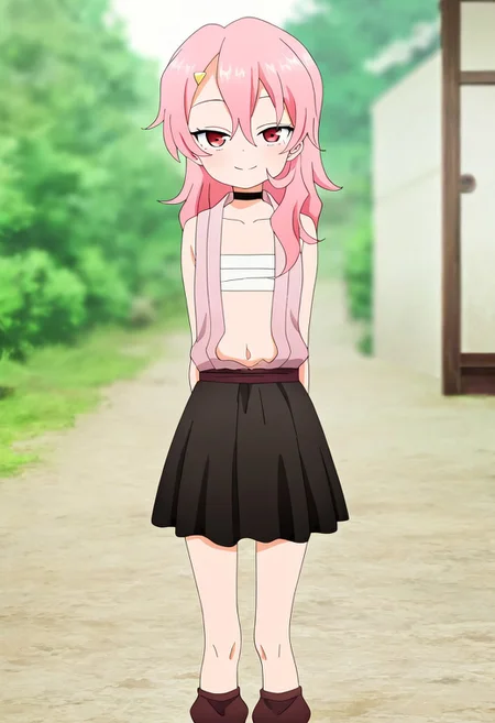 blurred background,
smile,
looking at viewer,
solo,
benisumomo, long hair, hair ornament, red eyes, pink hair, hairclip, flat chest,, navel, japanese clothes, choker, black choker, sarashi, chest sarashi, black skirt, brown socks,
standing,
masterpiece,best quality,good quality,newest,