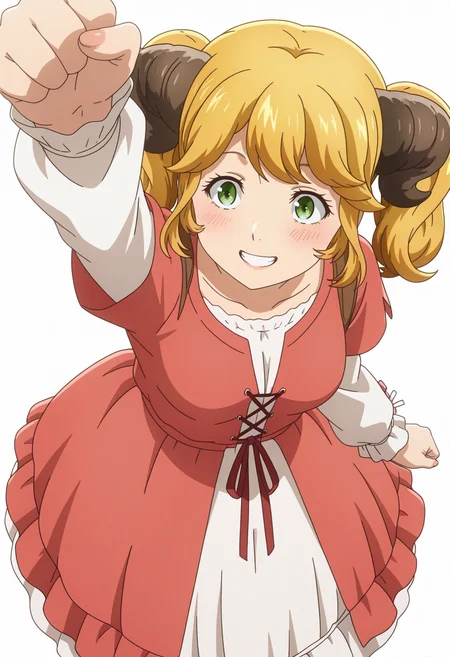 masterpiece, best quality, amazing quality, anime coloring, anime screencap, solo, 1girl, <lora:DX888AlettaIL:1>aletta, twintails, green eyes, blonde hair, twintails, horns, dress, grin, blush BREAK (simple background:1.2), white background pastel background, raised fist, from above,