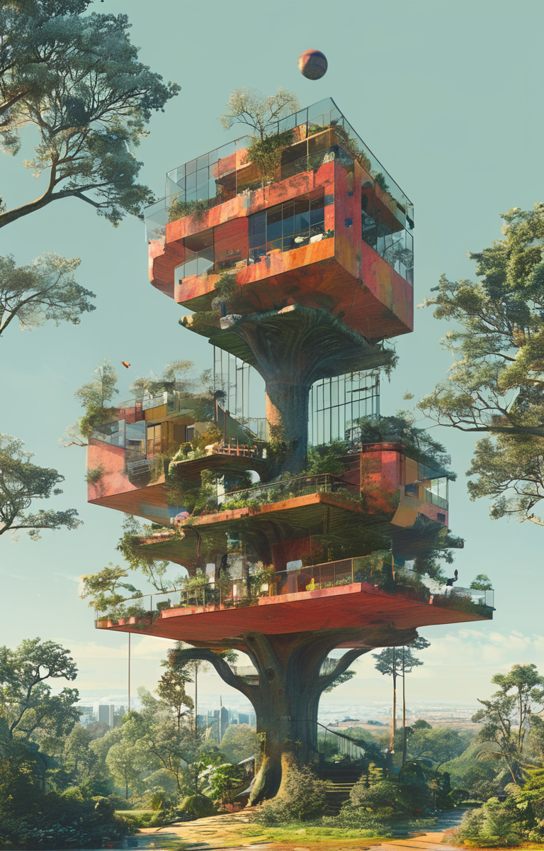 masterpiece,best quality,<lora:tbh311-sdxl:0.9>,illustration,designed by Rem Koolhaas Whimsical treehouse complex in a lush forest, channeling the spirit of Antoni Gaudí
