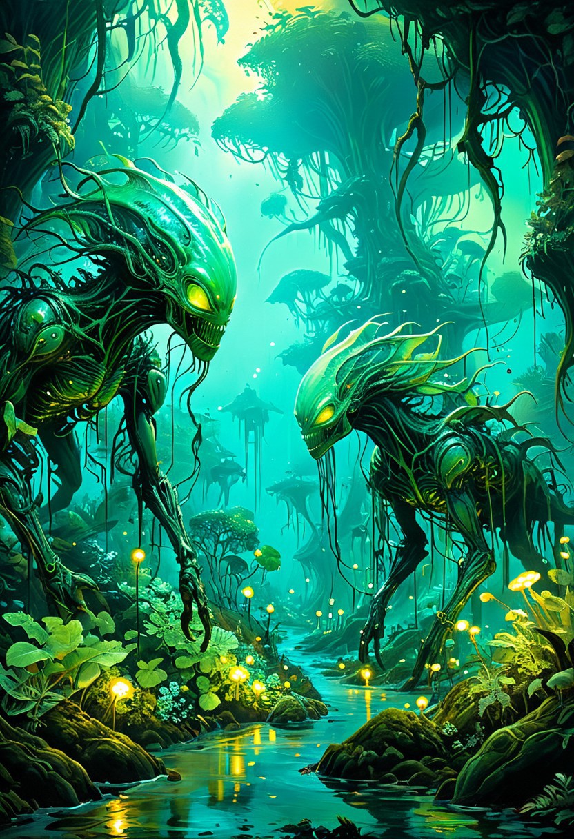 (by Ellen Jewett:1.5), (Bioluminescent Impressionism, organic radiance, bioluminescent  alien jungle, wines intricated and delicate, luminous brushstrokes, ethereal landscapes, biotech emotion:1.3) <lora:xl_more_art-full_v1:0.5> <lora:add-detail-xl:1> <lora:RMSDXL_Creative:2>