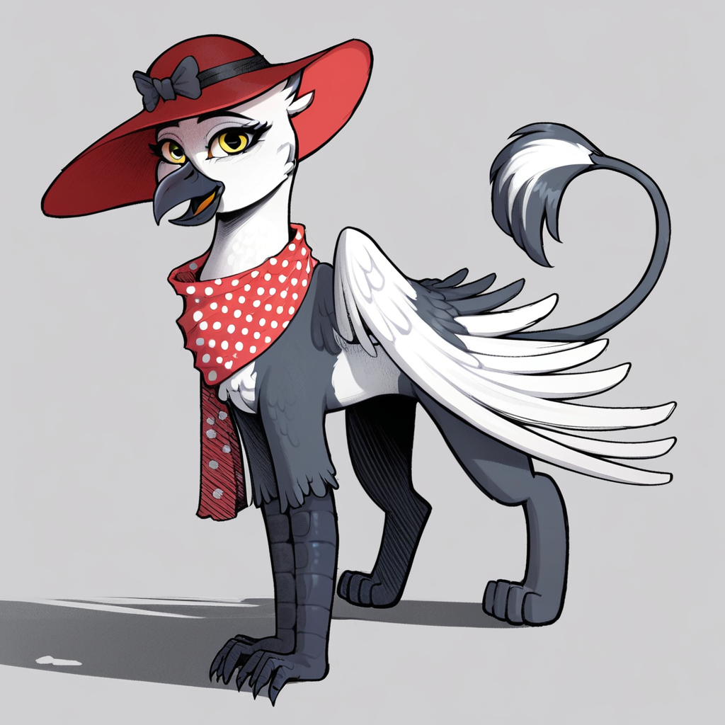 masterpiece, score_9, score_8_up, score_7_up, score_6_up, score_5_up, (best quality:1.1), ultra-detailed, high resolution, highly visible, sharp focus, perfect lighting, 1character, solo, Princess Lycklig, griffon, avian, feral, female, (((beautiful detailed yellow eyes))), long eyelashes, black beak, tail, black and white feathers, black talons, wings, open mouth, Vintage wide brim red hat, scarf with polka dots, highly Visible, shadow, anatomically correct, high detail, full body, expressiveh, simple background