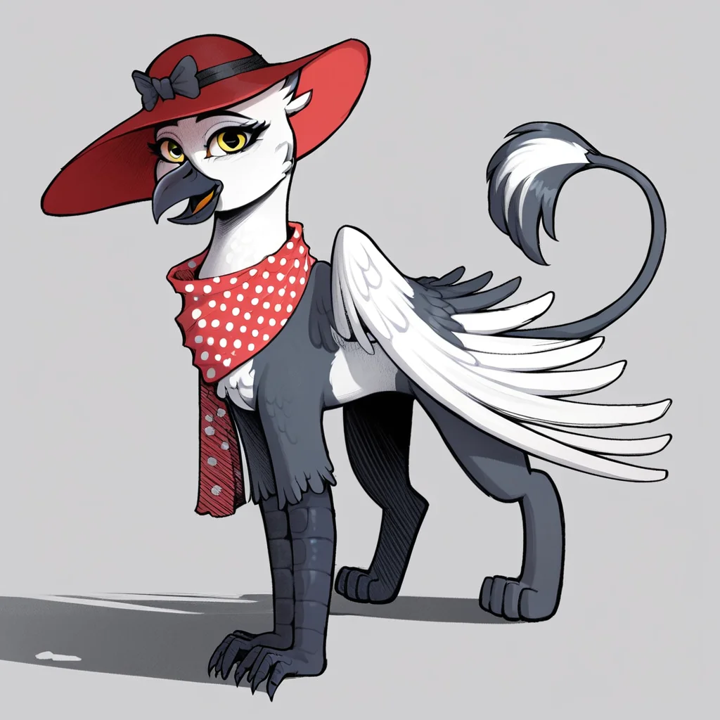 masterpiece, score_9, score_8_up, score_7_up, score_6_up, score_5_up, (best quality:1.1), ultra-detailed, high resolution, highly visible, sharp focus, perfect lighting, 1character, solo, Princess Lycklig, griffon, avian, feral, female, (((beautiful detailed yellow eyes))), long eyelashes, black beak, tail, black and white feathers, black talons, wings, open mouth, Vintage wide brim red hat, scarf with polka dots, highly Visible, shadow, anatomically correct, high detail, full body, expressiveh, simple background