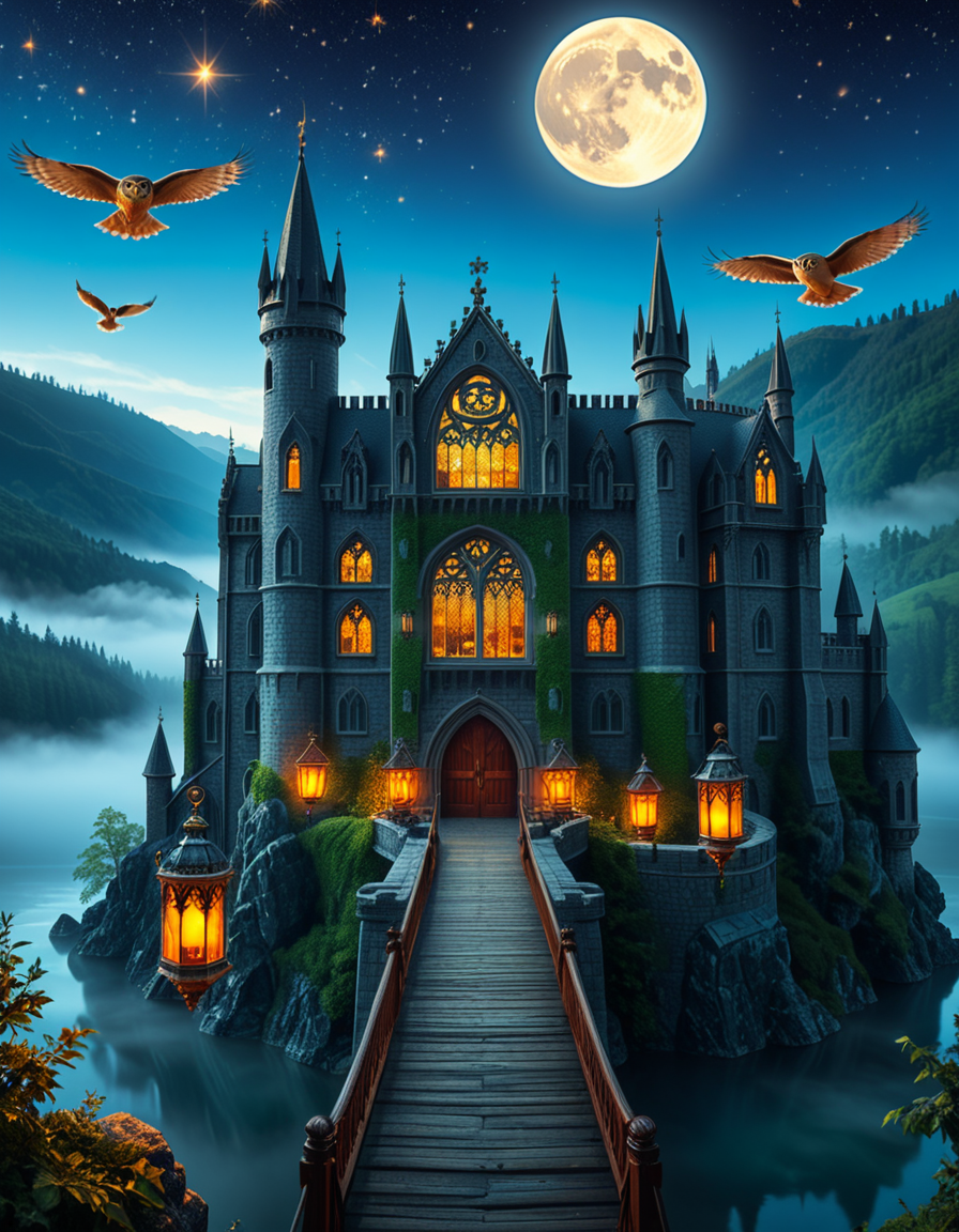 A majestic, ancient castle perched on a rocky hill, serving as a prestigious school for young wizards. The castle is a grand structure with towering spires, intricate gothic architecture, and large stained-glass windows that glow with magical energy. The stone walls are covered in ivy, and enchanted lanterns float around the entrance, casting a soft, mystical glow. A massive wooden bridge leads to the main gate, suspended over a misty, enchanted lake that reflects the moonlight. In the background, rolling green hills and dense, fog-covered forests surround the school, adding an air of mystery. The sky is a deep twilight blue, with stars twinkling and a full moon shining brightly. Some windows in the castle emit warm, golden light, hinting at classrooms filled with spellbooks and students practicing magic. A few owls are seen soaring above, delivering messages. The atmosphere is magical, mysterious, and full of wonder, as if the castle itself is alive with enchantments.
<lora:SDXLFaeTastic2400:0.4> <lora:extremely_detailed:0.4> extremely detailed, <lora:ancient_c4stl3:1>,ancient c4stl3, Masterpiece,best quality,hi res,8k,hi res,8k,award winning,(sharp focus, intricate, highly detailed),