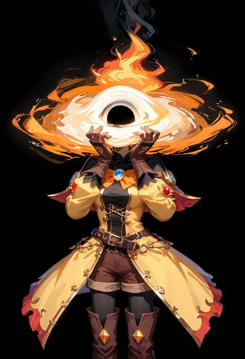 score_9, score_8_up, score_7_up,
lord_of_frenzy, fire head,
faceless, no eyes, no mouth, no nose, no facial features,
h3ad, object_head,
(black hole:1.1), (event horizon:1.1), (gravitational lensing:1.3),
magical girl outfit, yellow steampunk dress, boots, (brown shorts:1.2), black tights, medium breasts, belt, brown gloves, black long sleeves,
simple background, black background,
hands on own face, hands on own cheeks, yandere trance,
expressive pose, tilt head, arched back,