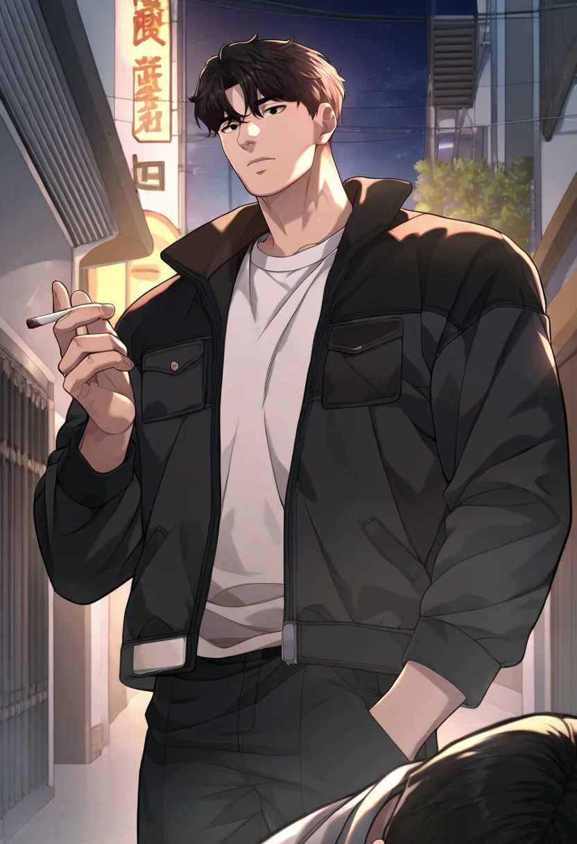 1boy, male focus, solo focus,
<lora:Character - Questism - Gu_HajunPony-10 (2):1> guhajun, short hair, black hair, black eyes, muscular, muscular male
((zPDXL)), score_9_up, score_8_up, score_7_up, score_6_up, score_5_up, score_4_up, best quality, amazing quality, best aesthetic, absurdres, year2023, uncensored, nsfw, official art, official style, depth of field, detailed eye,
outdoors, night, alley, shirt, jacket, smoking, open jacket,